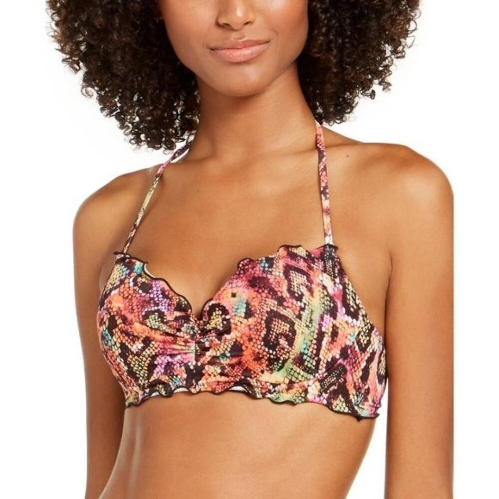 Multicolor Snake Print Padded Halter Bikini Top With Ruffled Trim & Back Tie Clo